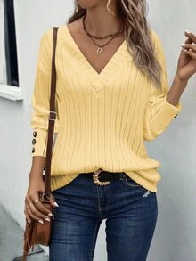 EMERY ROSE Women's Solid Color V-Neck Drop Shoulder Long Sleeve Ribbed Casual Loose T-Shirt - Yellow - View 3
