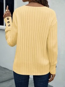 EMERY ROSE Women's Solid Color V-Neck Drop Shoulder Long Sleeve Ribbed Casual Loose T-Shirt - Yellow - View 2