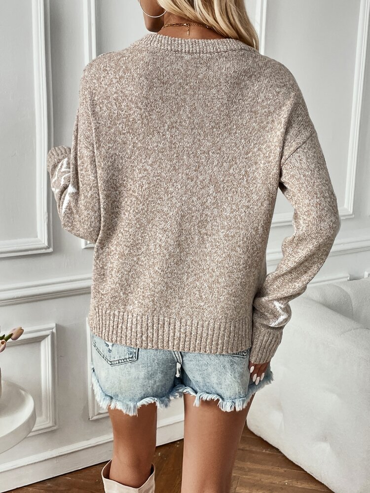 SHEIN Star Pattern Drop Shoulder Sweater,Long Sleeve Tops Knit Pullover Fall Winter Sweater - Khaki - View 2