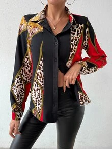 EMERY ROSE Women's Printed Spliced Long Sleeve Shirt Fall Cloth For Women - Red - View 6