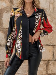 EMERY ROSE Women's Printed Spliced Long Sleeve Shirt Fall Cloth For Women - Red - View 1