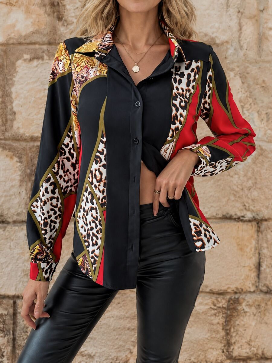 EMERY ROSE Women's Printed Spliced Long Sleeve Shirt Fall Cloth For Women - Red - View 1