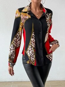 EMERY ROSE Women's Printed Spliced Long Sleeve Shirt Fall Cloth For Women - Red - View 7