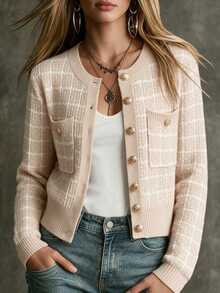 SHEIN Áo khoác cardigan túi vá họa tiết kẻ caro, áo dài tay - Màu be - Xem 2