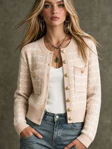 SHEIN Áo khoác cardigan túi vá họa tiết kẻ caro, áo dài tay - Màu be - Xem 1