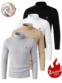SHEIN 2件組青少年男孩休閒學院風紋理布料兩件套，適合通勤、上學、日常穿著，針織簡約立領羊毛內裡修身休閒T恤多件套 - 黑與白 - 查看 1