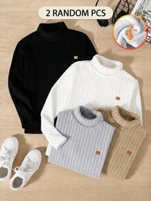 SHEIN 2件組青少年男孩休閒學院風紋理布料兩件套，適合通勤、上學、日常穿著，針織簡約立領羊毛內裡修身休閒T恤多件套 - 黑與白 - 查看 4