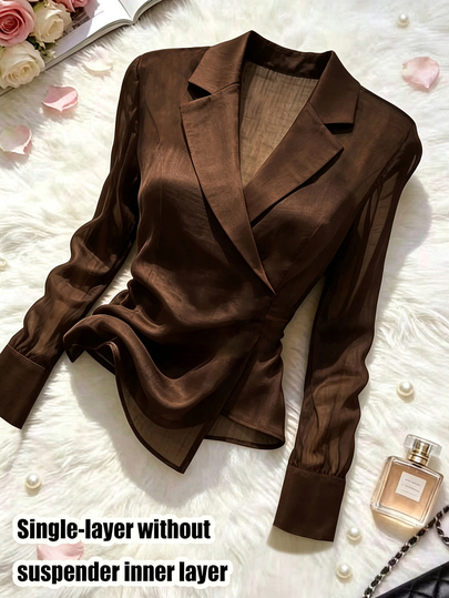 SHEIN Franclia Women's Commuter College Style Minimalist, Fashionable And Versatile Black Semi-Sheer Sexy Blazer Collar Shirt With Asymmetrical Hem And Side Tie Long Sleeve Blouse, Basic Style Suitable For Summer Outfits, Holiday Wear, Social Occasions, Office Wear, Workwear, Women's Holiday Attire, Halloween, Spring Festival, Beach Vacation, Outdoor Activities, Girls' Gatherings, Home, Shopping, Casual Entertainment