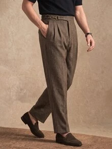Core Aspect Men's Pleated Herringbone Trousers, Brown Casual Straight-Leg Pants For Autumn And Winter, High-Waist Adjustable Suit Pants, Classic Old-School Style - Brown - View 4