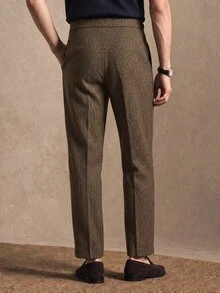 Core Aspect Men's Pleated Herringbone Trousers, Brown Casual Straight-Leg Pants For Autumn And Winter, High-Waist Adjustable Suit Pants, Classic Old-School Style - Brown - View 2