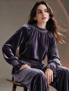 Anewsta Women's New Autumn/Winter Elegant Velvet Fabric Shirred Ruffle Lantern Long Sleeve Romantic Blouse - Purple - View 1