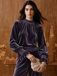 Anewsta Women's New Autumn/Winter Elegant Velvet Fabric Shirred Ruffle Lantern Long Sleeve Romantic Blouse - Purple - View 7