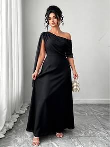 Elenzga French Vintage Elegant Fashion Casual Asymmetrical Shoulder Neckline Ribbon Burgundy Dress - Black - View 5