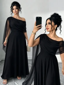 Elenzga French Vintage Elegant Fashion Casual Asymmetrical Shoulder Neckline Ribbon Burgundy Dress - Black - View 1