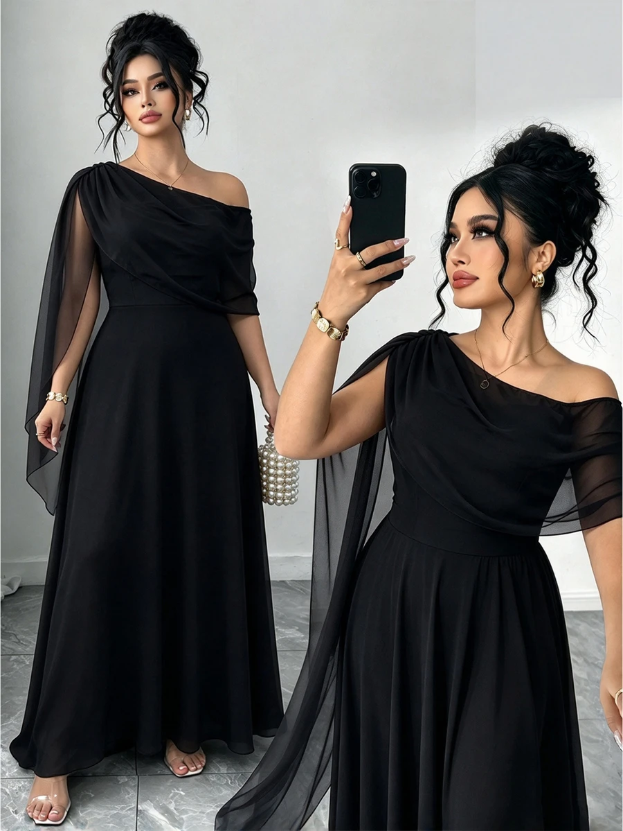 Elenzga French Vintage Elegant Fashion Casual Asymmetrical Shoulder Neckline Ribbon Burgundy Dress - Black - View 1