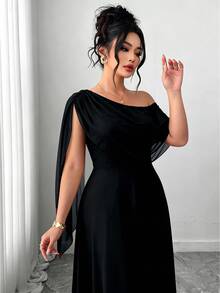 Elenzga French Vintage Elegant Fashion Casual Asymmetrical Shoulder Neckline Ribbon Burgundy Dress - Black - View 4