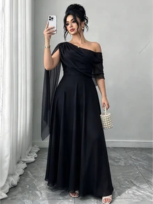 Elenzga French Vintage Elegant Fashion Casual Asymmetrical Shoulder Neckline Ribbon Burgundy Dress - Black - View 6