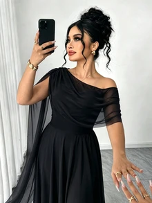 Elenzga French Vintage Elegant Fashion Casual Asymmetrical Shoulder Neckline Ribbon Burgundy Dress - Black - View 3
