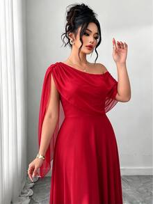 Elenzga 法式復古優雅時尚休閒不對稱單肩領口緞帶酒紅色洋裝 - 紅色 - 查看 5