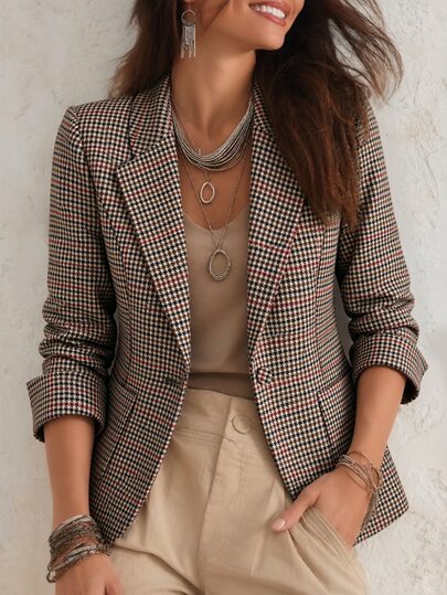 SHEIN Franclia Women's Blazer, Classic Mixed Color Plaid, Red-Brown Vintage Color Palette, Waist-Cinching Fit, Three-Quarter Sleeve Design, Suitable For Layering In Early Winter, Built-In Shoulder Pads To Shape Shoulders And Back, Women's Daily Wear, Elegant Outfit, Formal Blazer, Women's Commute Wear, Social Top/Work Top, Women's Business Formal Wear, Women's Vacation Outfit