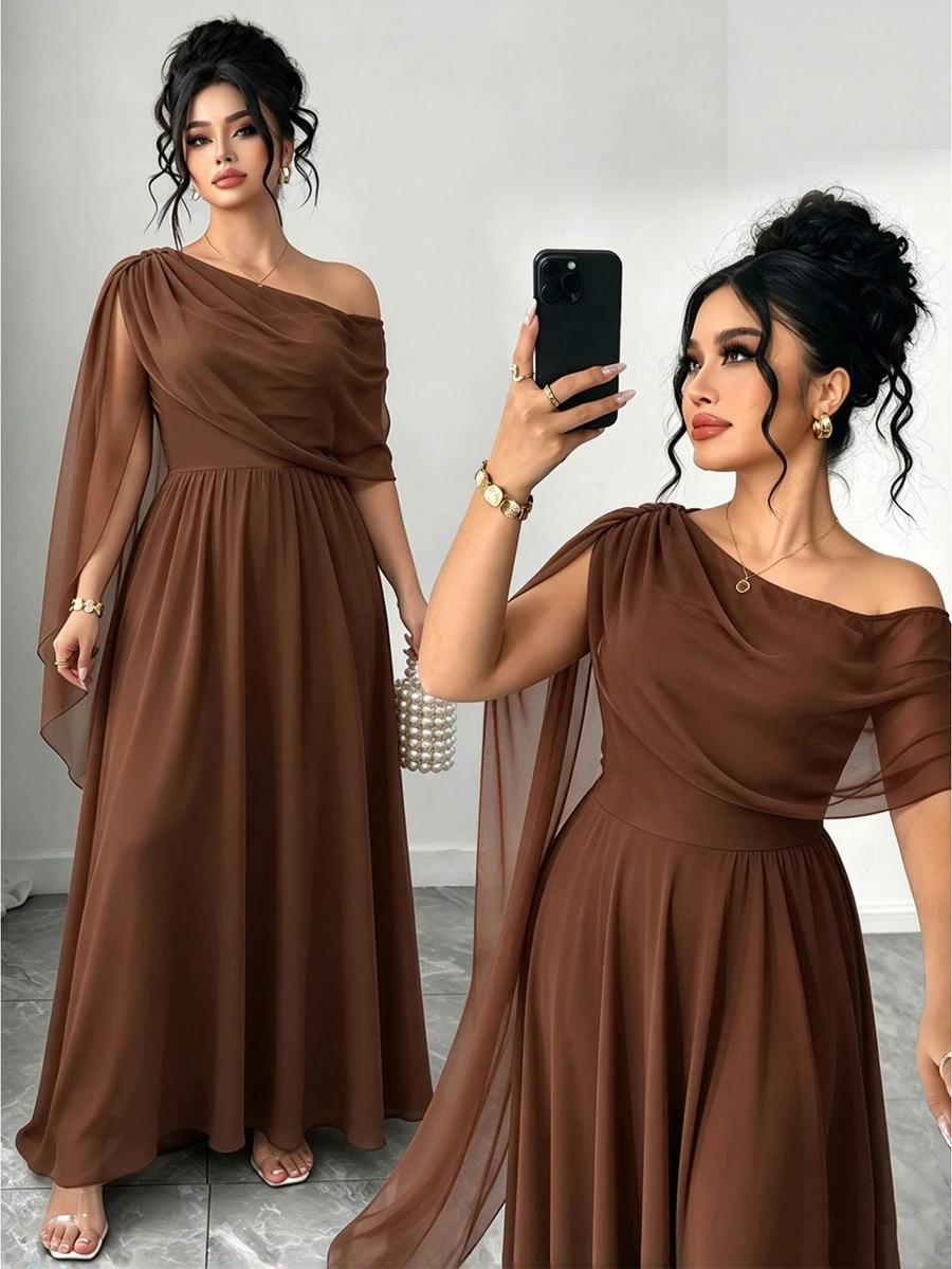 Elenzga French Vintage Elegant Fashion Casual Asymmetrical Shoulder Neckline Ribbon Burgundy Dress - Brown - View 1