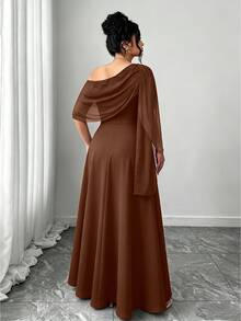 Elenzga French Vintage Elegant Fashion Casual Asymmetrical Shoulder Neckline Ribbon Burgundy Dress - Brown - View 2
