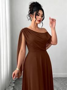 Elenzga French Vintage Elegant Fashion Casual Asymmetrical Shoulder Neckline Ribbon Burgundy Dress - Brown - View 6