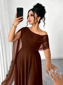 Elenzga French Vintage Elegant Fashion Casual Asymmetrical Shoulder Neckline Ribbon Burgundy Dress - Brown - View 5