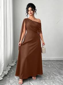 Elenzga French Vintage Elegant Fashion Casual Asymmetrical Shoulder Neckline Ribbon Burgundy Dress - Brown - View 4