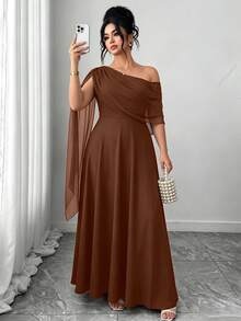 Elenzga French Vintage Elegant Fashion Casual Asymmetrical Shoulder Neckline Ribbon Burgundy Dress - Brown - View 3