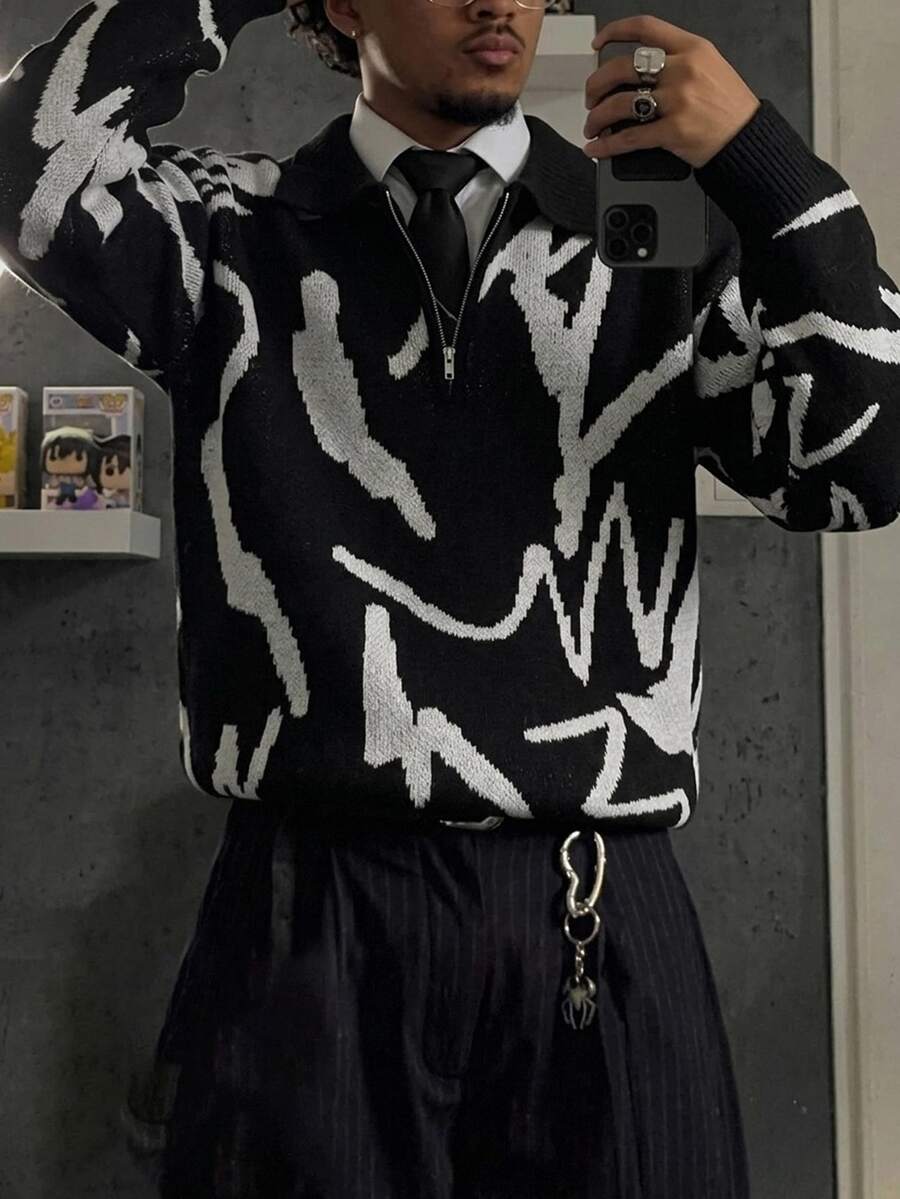 Manfinity Hypemode Men's Autumn/Winter Long Sleeve Knit Sweater, Pullover With Turn-Down Collar, Half-Open Chest With Button & Drawstring Design, Fitted Fit, 1/4 Zip Pullover - Black - View 1