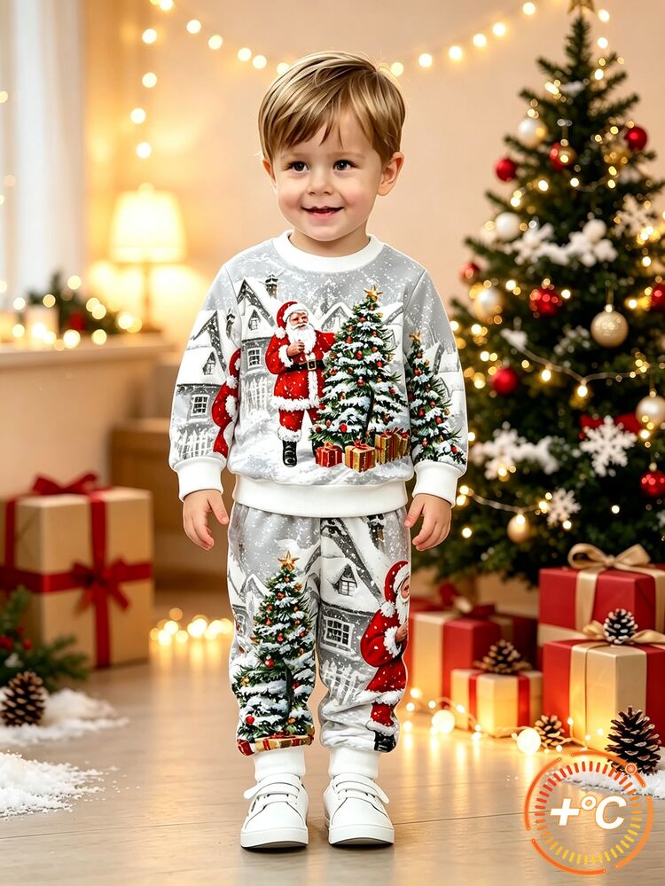 Baby Boy 2pcs/Set Christmas Sweatshirt Outfit, Silver Colorblock Santa Claus Print, Long Sleeve Crew Neck, Autumn/Winter Holiday Party Family Matching - Multicolor - View 4
