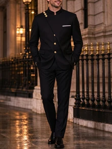 Manfinity Bizformal 男士正式奢華立領西裝套裝，時尚立領設計，適合日常工作、商務、派對與活動 - 黑色 - 查看 5