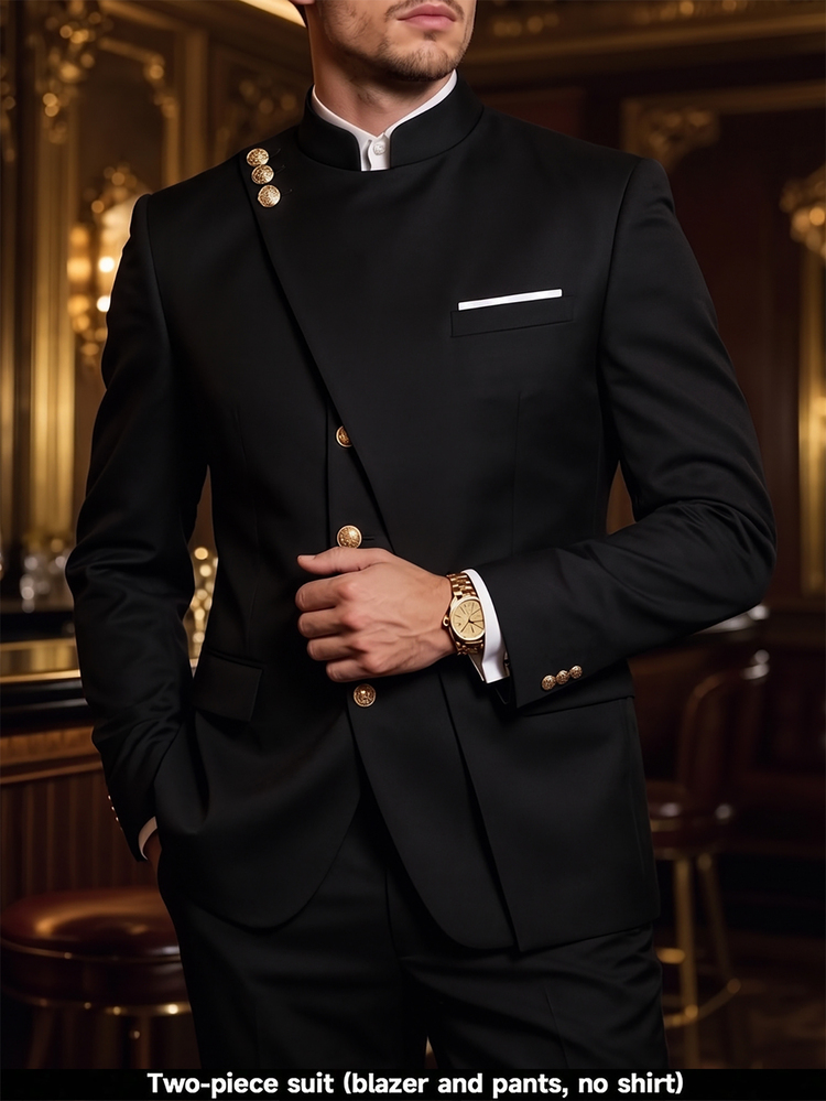 Manfinity Bizformal Men's Formal Luxury Stand-Collar Suit Set With A Stylish Stand-Up Collar, Perfect For Daily Work, Business, Parties, And Events - Black - View 6
