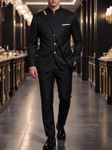 Manfinity Bizformal 男士正式奢華立領西裝套裝，時尚立領設計，適合日常工作、商務、派對與活動 - 黑色 - 查看 4