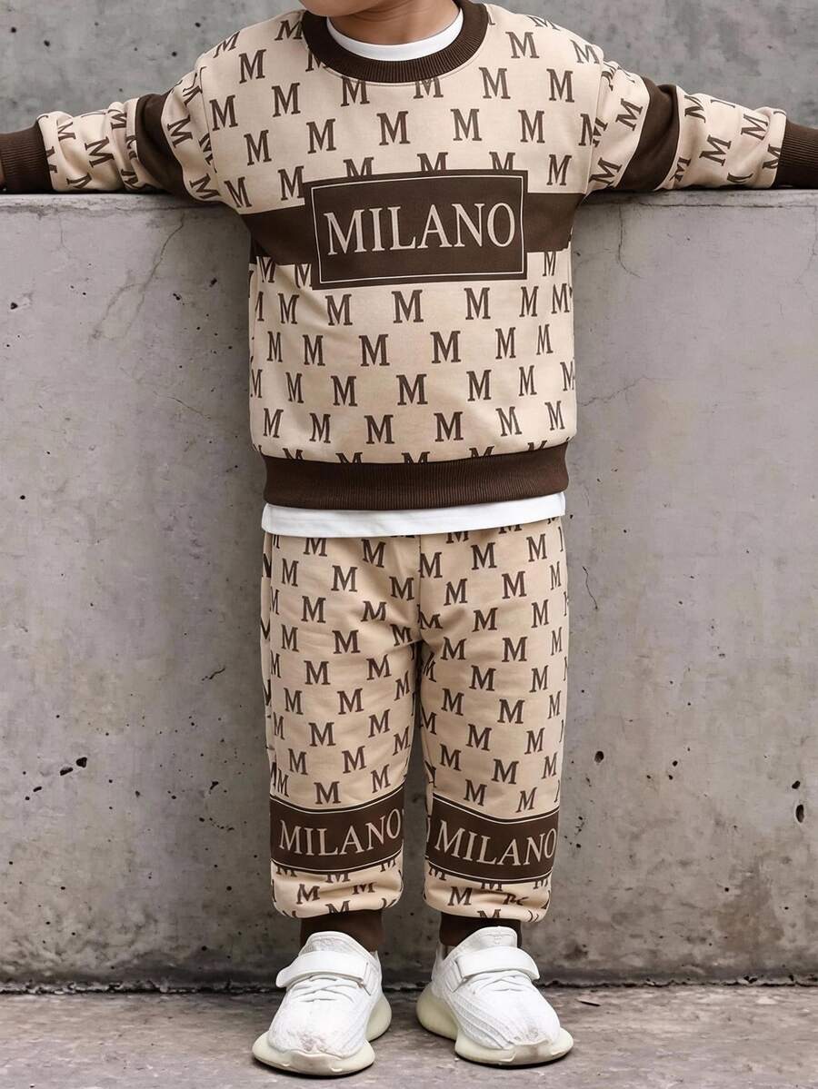 Young Boy Casual Fashion Comfortable Sweatshirt Set, Letter Full Digital Print, Beige Crew Neck Sweatpants Fleece Lined Set, Outdoor Sports - Multicolor - View 1