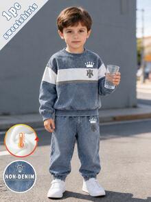 1pc Kids Denim Effect Crown NY Letter Print Fleece Crew Neck Sweatshirt, Colorblock Striped Design, Sporty Outdoor Casual, Suitable For Autumn/Winter - Multicolor - View 3