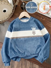1pc Kids Denim Effect Crown NY Letter Print Fleece Crew Neck Sweatshirt, Colorblock Striped Design, Sporty Outdoor Casual, Suitable For Autumn/Winter - Multicolor - View 5