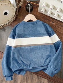 1pc Kids Denim Effect Crown NY Letter Print Fleece Crew Neck Sweatshirt, Colorblock Striped Design, Sporty Outdoor Casual, Suitable For Autumn/Winter - Multicolor - View 2