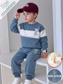 1pc Kids Denim Effect Crown NY Letter Print Fleece Crew Neck Sweatshirt, Colorblock Striped Design, Sporty Outdoor Casual, Suitable For Autumn/Winter - Multicolor - View 1