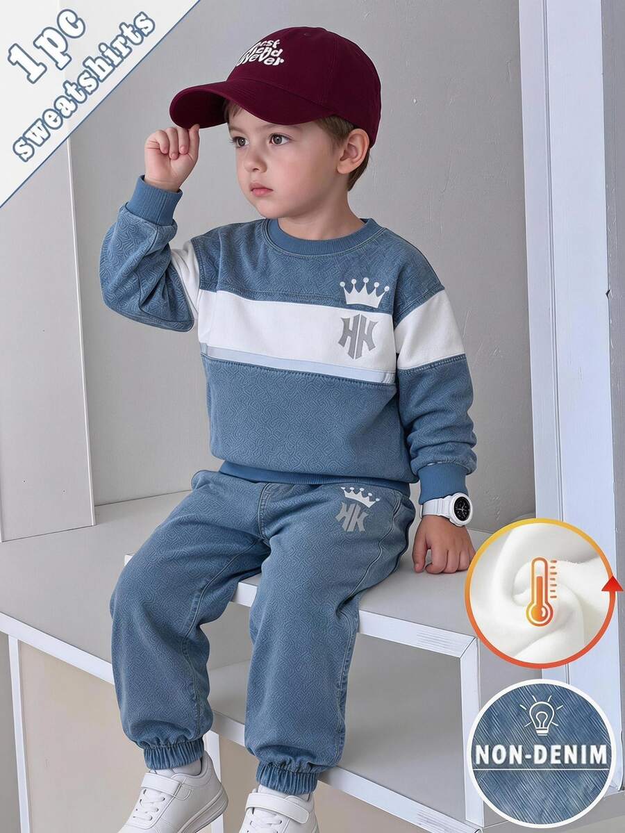 1pc Kids Denim Effect Crown NY Letter Print Fleece Crew Neck Sweatshirt, Colorblock Striped Design, Sporty Outdoor Casual, Suitable For Autumn/Winter - Multicolor - View 1