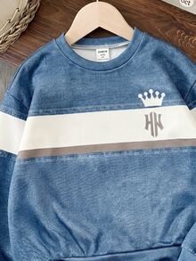 1pc Kids Denim Effect Crown NY Letter Print Fleece Crew Neck Sweatshirt, Colorblock Striped Design, Sporty Outdoor Casual, Suitable For Autumn/Winter - Multicolor - View 4