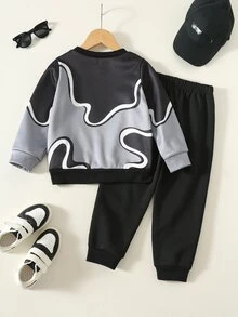 SHEIN 2pcs/Set Boys Knit Textured Kids Print Crew Neck Sweatshirt And Long Pants Set, Thickened Fleece Lined Autumn/Winter Back To School Casual Wear - Black - View 2