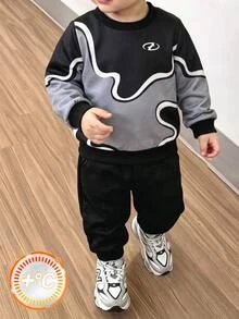 SHEIN 2pcs/Set Boys Knit Textured Kids Print Crew Neck Sweatshirt And Long Pants Set, Thickened Fleece Lined Autumn/Winter Back To School Casual Wear - Black - View 1
