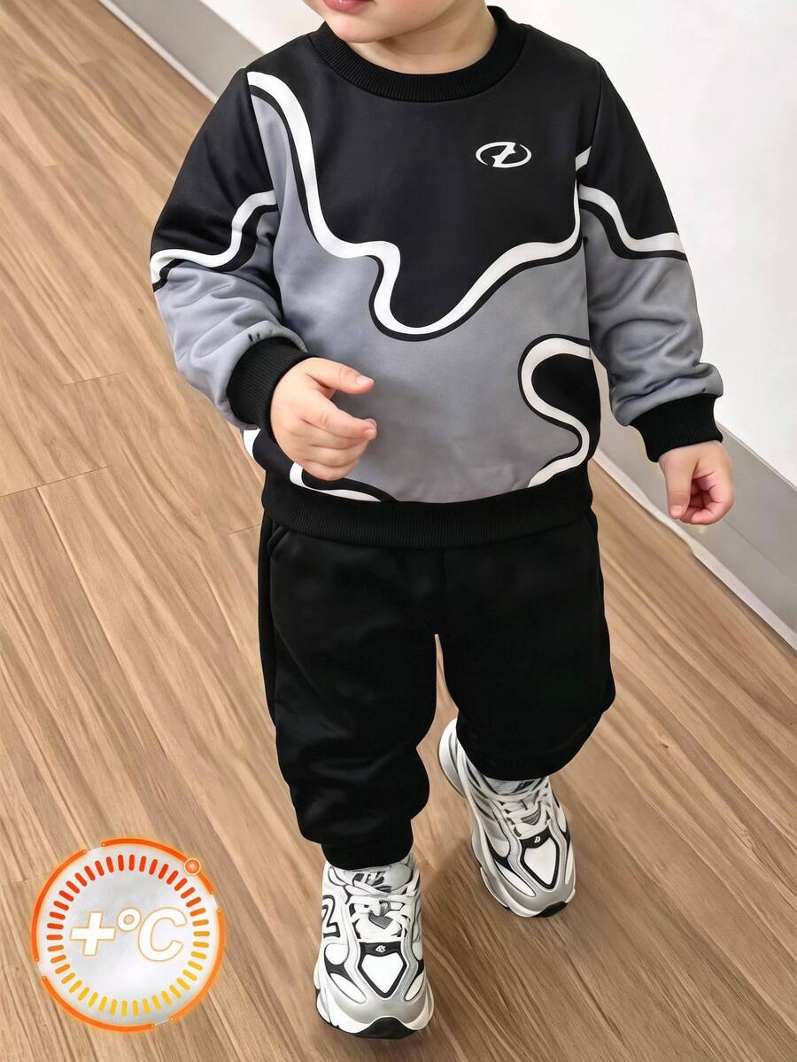 SHEIN 2pcs/Set Boys Knit Textured Kids Print Crew Neck Sweatshirt And Long Pants Set, Thickened Fleece Lined Autumn/Winter Back To School Casual Wear - Black - View 1