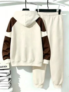 Tween Boys Colorblock Raglan Sleeve Hoodie And Pants Set School Beige Brown Fall Streetwear Cute Winter - Multicolor - View 2