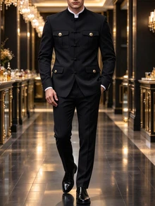 Manfinity Mode 男士正式奢華中式盤扣立領西裝套裝，送給男友或丈夫的完美禮物 - 黑色 - 查看 1