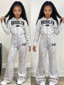 Tween Girl Gray Camo Print Hooded Sweatshirt And Wide Leg Sweatpants Cozy Fleece Set, Fall Outfits, Streetwear, Fall Clothes, Winter, Warm, Daily Wear - Khaki - View 1