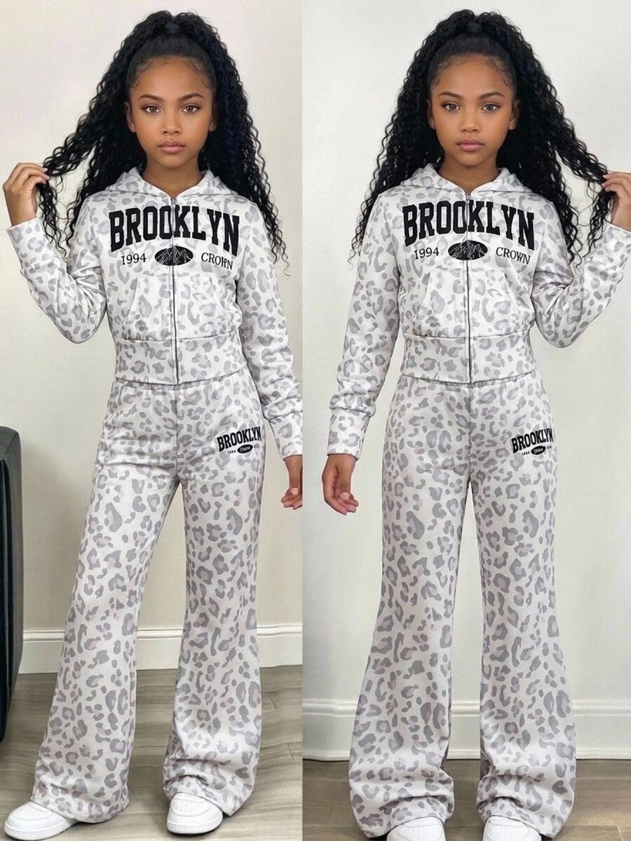 Tween Girl Gray Camo Print Hooded Sweatshirt And Wide Leg Sweatpants Cozy Fleece Set, Fall Outfits, Streetwear, Fall Clothes, Winter, Warm, Daily Wear - Khaki - View 1