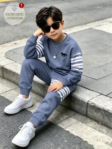 2件組青少年男孩運動風藍色條紋馬匹圖案落肩圓領薄刷毛運動衫套裝，校園秋季返校穿搭 - 彩色 - 查看 4
